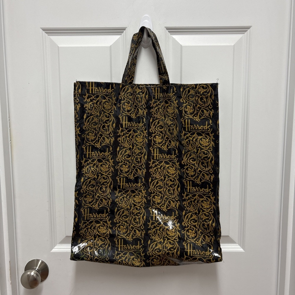 Harrods Knightsbridge Black Oil Cloth Reusable Tote Bag With Gold Decorative